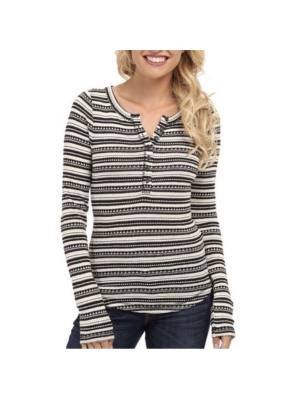 Lucky Brand Chloe Womens XL Black Cream Striped Knit Henley Shirt Sweater Boho - Picture 8 of 8